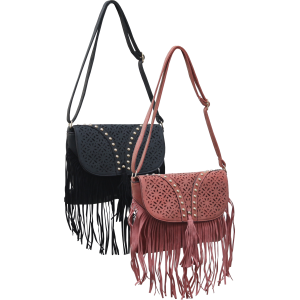 Cutout Studded Crossbody with Fringe Mix